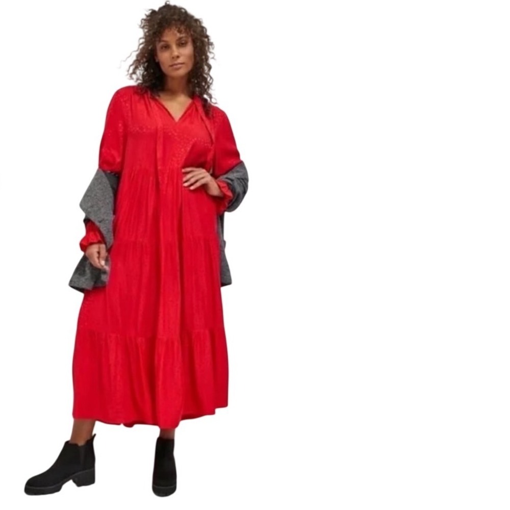 Anthropologie Maeve Wendy Tiered Maxi Red Dress Long Sleeve Petite Small P